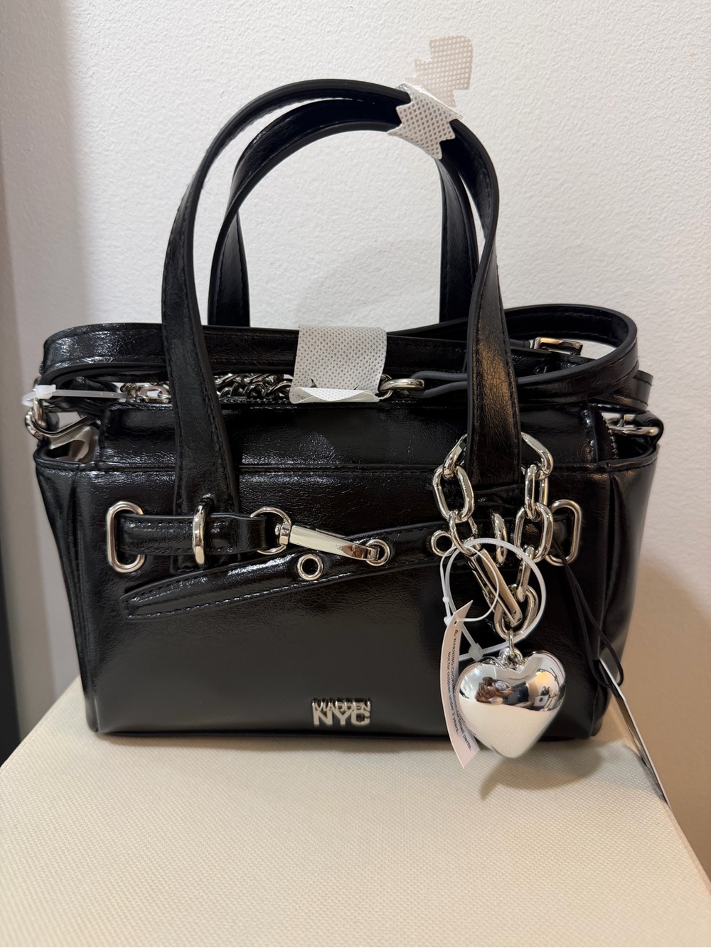Black Patent Satchel with Silver Heart Charm